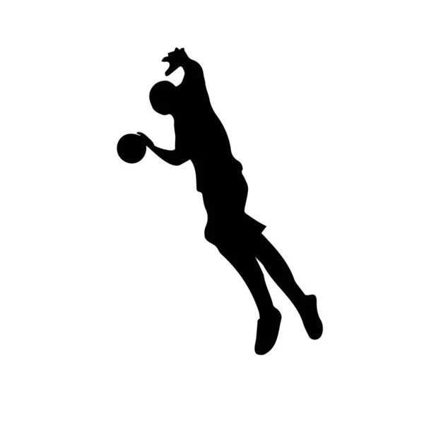 Silueta Jugador Baloncesto Con Pelota Ataque Aro Baloncesto Vista Derecha — Vector de stock