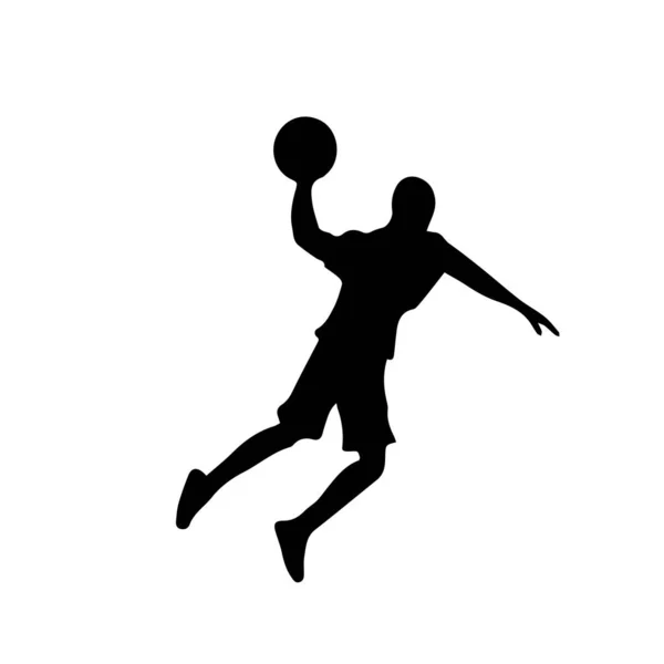 Silhouette Joueur Basket Ball Avec Balle Attaque Sur Panier Basket — Image vectorielle