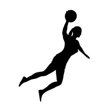 Basketbol potasına saldıran çıplak ayaklı kadın basketbolcu, sol görüş, vektör görüntü