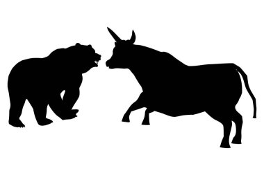 Bir boğa ve bir ayının siyah siluetleri karşı karşıya 3, vektör görüntü