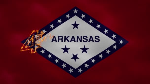 Fondo de la bandera de Arkansas para el 4 de julio letras fuego, bucle — Vídeos de Stock