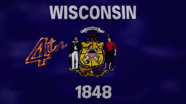 Wisconsin Flagge Hintergrund für 4. Juli Feuer Schriftzug, Schlaufe — Stockvideo