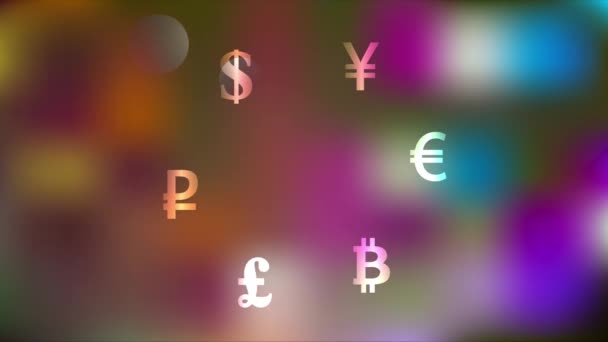 Bitcoin et les symboles de devises du monde tournent sur flou boucle de fond lumineux — Video