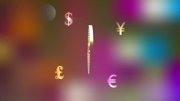 Bitcoin munt en symbolen van de wereld valuta roteren op wazig heldere achtergrond, lus — Stockvideo