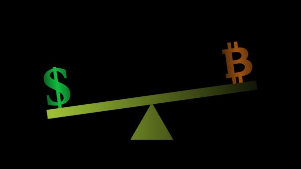 Dollar en Bitcoin symbolen schommel op een schommel op zwarte achtergrond, lus — Stockvideo