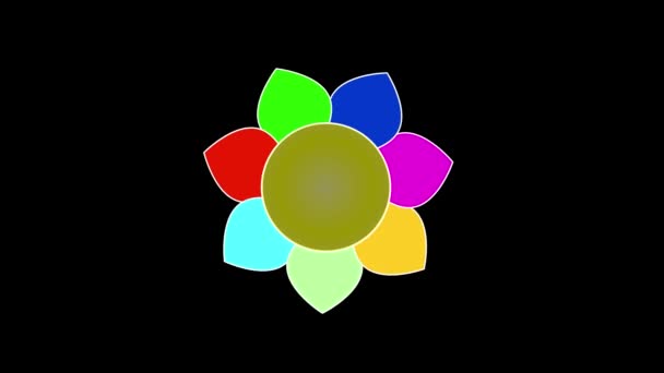 Blomma med sju flerfärgade kronblad och ändra kärna roterar i precession på svart bakgrund, loop — Stockvideo