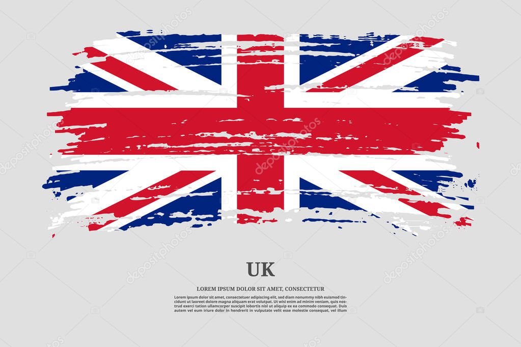 United Kingdom flag with brush stroke effect and information text poster, vector background
