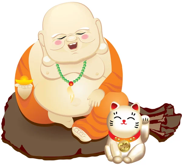 Bouddha riant avec Maneki Neko Cat — Image vectorielle