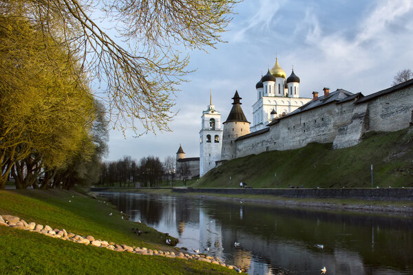 Ancient fortress on the river bank. Russia. Pskov Kremlin. Pskov
