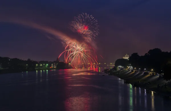 Day of city Pskov. Russia. July. Night view. Fireworks. — Stock Photo, Image