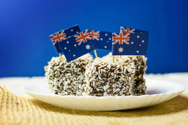 Iconic Traditional Australian Party Food Lamington Cakes Red White Blue — стоковое фото