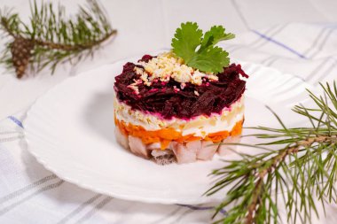 Beyaz tabakta maydanozlu kürk manto altında geleneksel Rus ringa balığı. Kırsal tarzda. Noel Rus salatası. Beyaz arkaplan.