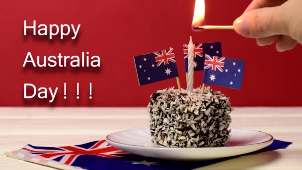 Τούρτα Lamington με κερί. Χαρούμενη μέρα Αυστραλίας. — Αρχείο Βίντεο
