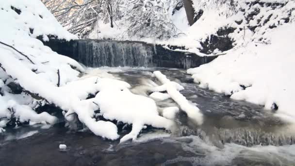 Winter mountain waterfall snow scene. Snowy mountain waterfall landscape. — Stock Video