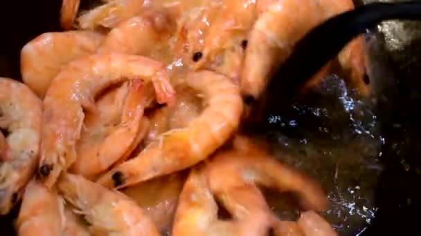 Κοντινό πλάνο γαρίδων που τηγανίζονται σε κρέμα. θαλασσινά, διαδικασία μαγειρέματος, υγιεινή διατροφή έννοια. Γαρίδες με κουτάλι. — Αρχείο Βίντεο
