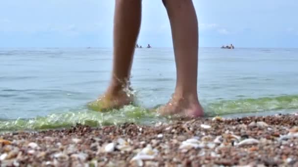 Το παιδί προσπαθεί να κάνει μπάνιο στη θάλασσα. Πρόσωπο που δοκιμάζει τη θερμοκρασία του νερού στη θάλασσα με τα πόδια. Κορίτσι που αγγίζει τα νερά με τα πόδια πριν από το μπάνιο στη θάλασσα. — Αρχείο Βίντεο