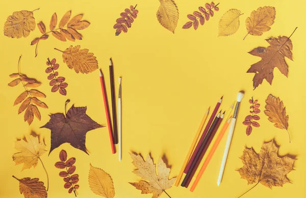 Colorful Leaves Frame Yellow Background Copy Space School Concept — Stock Photo, Image