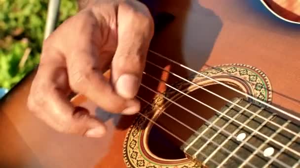 Close-up de um homem mãos tocando guitarra. O músico toca uma guitarra acústica, tiro de perto. masculino dedos rápido joga no guitarra. — Vídeo de Stock