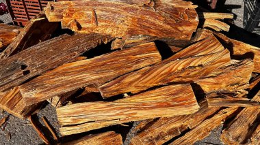 Ayrı tahıl desenli kesilmiş odun yığınları, parlak turuncu ve kahverengi tonlarda güneş ışığı.