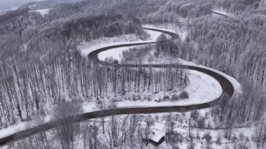 Dağ yolundaki karlı ormanlarda uçan araçların hava aracı görüntüleri. Kış manzarası ve ulaşım teması.