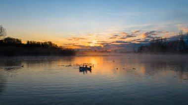 Bir kuş sürüsü şafakta gölün ortasında toplanıyor. Gökyüzündeki turuncu ve mavi renklerin değişmesiyle doğan güneşin muhteşem bir yansıması..