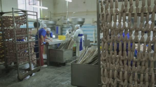 Trabajos dentro de la planta para la producción y envasado de salchichas y paté . — Vídeo de stock