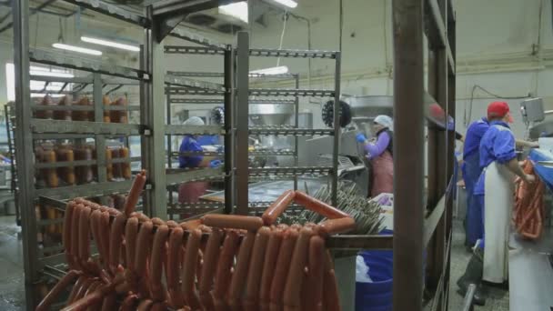 Workshop for production of sausage, worker puts sausages on cart. — 비디오