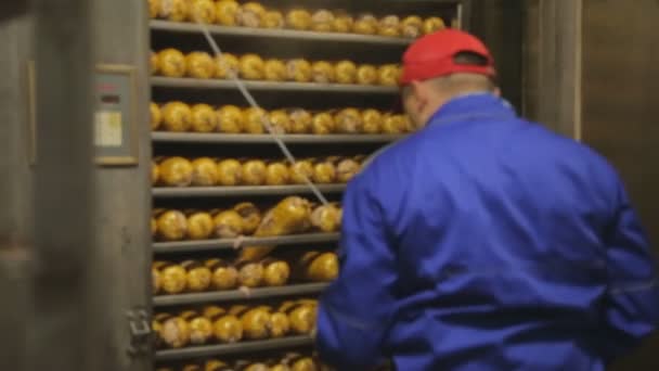 Workers loaded and closed tray with sausage in oven for heat treatment — Stock Video