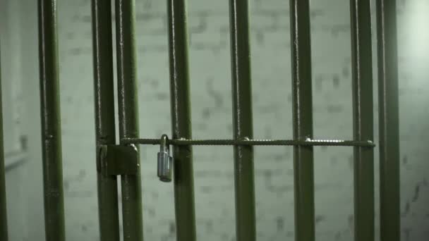 Zamyka drzwi więzienia przez popychając go. — Wideo stockowe