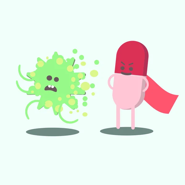 Píldora con cara y virus verde fugitivo — Vector de stock