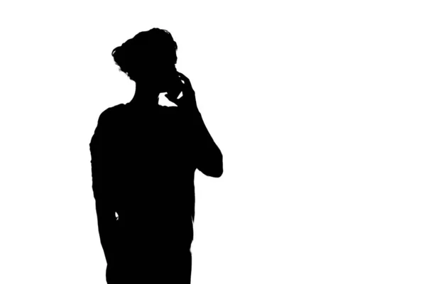 Silhouette Bianco Nero Una Ragazza Che Parla Telefono — Foto Stock