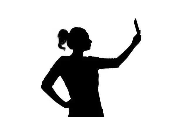 Silhouette Une Fille Prend Selfie Sur Smartphone — Photo