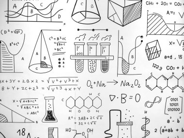 Beyaz tahta çeşitli matematiksel formüller, bilimsel diyagramlar ve siyah kalemle elle çizilmiş denklemler içerir. Eğitim kavramı