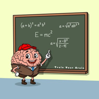 Beynini eğitmek için tahtada matematik problemi üzerinde çalışan bir beyin karakteri tasviri. 13 Ekim 'de Ulusal Eğitim Günü' nü kutlamak için mükemmel..