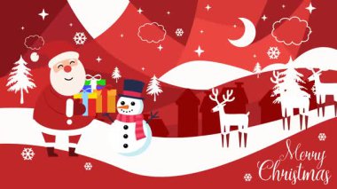 Bu şenlikli 2D düz Noel animasyonuna zengin, karlı ve kırmızı bir manzara hakim. Neşeli bir Noel Baba 'nın yanında renkli hediyeler var. Dost canlısı bir kardan adam ve üç beyaz ren geyiği..