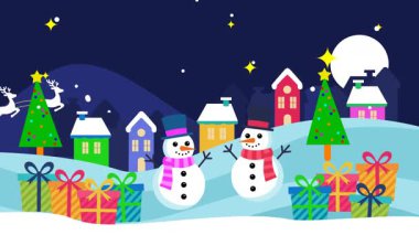 Neşeli bir Noel sahnesi. Noel Baba ren geyiği kızağıyla uçuyor. Yıldızlarla aydınlatılmış bir gece gökyüzü ve parlak bir dolunay. Renkli Noel hediyelerinin arasında duran iki neşeli kardan adam..