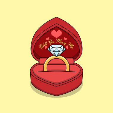 Bu karikatür tarzı illüstrasyonda altın bir nişan yüzüğü ve kalp şeklinde kırmızı kadife bir mücevher kutusunun içine yerleştirilmiş büyük, pırıl pırıl bir elmas bulunuyor. Ulusal Evlilik Yüzüğü Günü için mükemmel, 3 Şubat ve Sevgililer Günü.