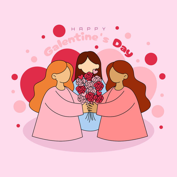 Whimsical Galentine's Celebration. A minimalist illustration of diverse sisterhood and floral radiance in soft pastel pinks for empowering female friendship and solidarity. Galentine's Day, February 13th