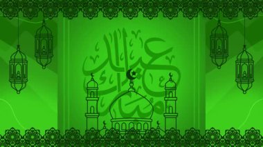 Geleneksel dantel kenarları ve fenerleri olan ışıl ışıl zümrüt bayram animasyonu. Kurban Bayramı.