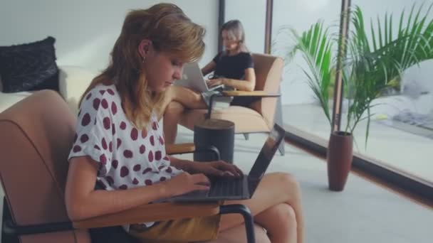 Duas colegas de trabalho mantendo o distanciamento social enquanto trabalham em laptops — Vídeo de Stock