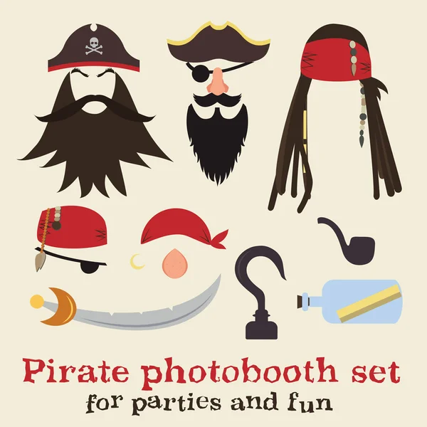 Vektör korsan unsurları ayarlayın. Korsan photo booth sahne ve scrapbooking koleksiyonu. Korsan dreadlocks, sakal, bıyık, kaşlar, şapka, bandanas, burun, göz yamalar, kanca, kılıç, boru, şişe Kaydet.