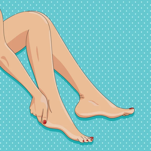 Vector εικονογράφηση λεπτός γυναικεία πόδια, συνεδρίαση ξυπόλυτος, πλάγια όψη, παιχνιδιάρικο, σέξι στάση. Γυναίκα χέρι αγγίζει τον αστράγαλο. — Διανυσματικό Αρχείο