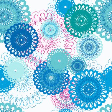 Stilize mavi çiçekler pembe desenli seamless modeli.