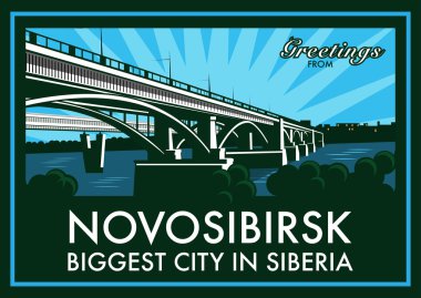 Vintage touristic greeting card, Novosibirsk, Russia clipart