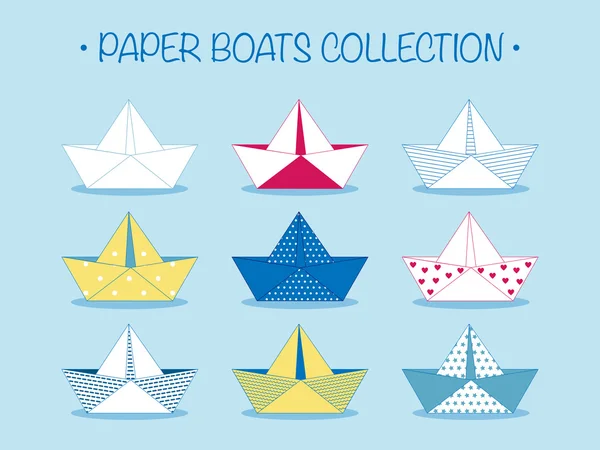 Set of nine cute origami paper boats — Stock Vector