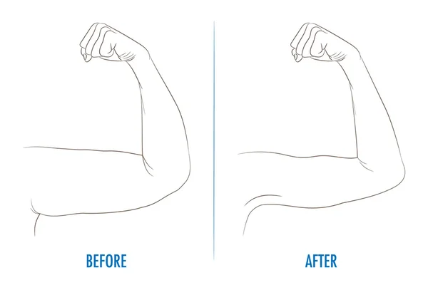 Biceps féminins avant et après le sport. Bras montrant les progrès accomplis — Image vectorielle