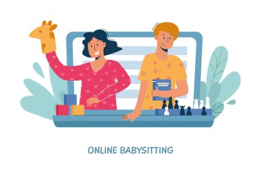 Sanal bakıcı, çevrimiçi bebek bakıcılığı hizmeti, uzaktan eğitim konsepti. Çocukları internet üzerinden eğlendirmek. Satranç dersleri ve oyunlar. Defterinizde dostane öğretmenler. Vektör illüstrasyonu, modern düz stil.