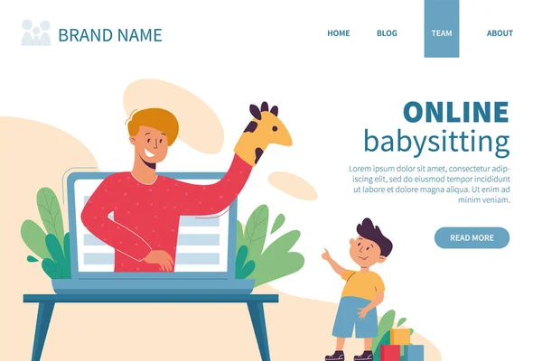 Virtual Sitter Online Babysitting Service Remote Teaching Concept Entertaining Kids — Stock Vector