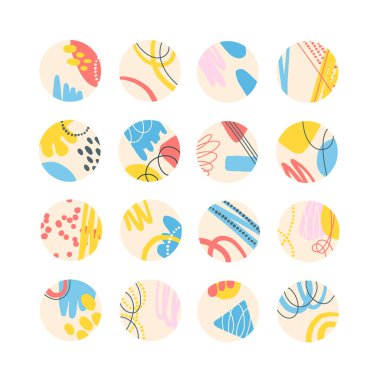 Yaratıcı sosyal medya kapakları koleksiyonu. Noktalı ve çizgili soyut tasarım, memphis tarzı. Tasarım hikayeleri ikon koleksiyonu. Vektör illüstrasyonu. 