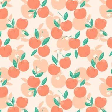 Şeftali, kayısı, yaprak ve çiçeklerle kusursuz desen. El yapımı organik düz stil. Modern tasarım, vektör çizimi